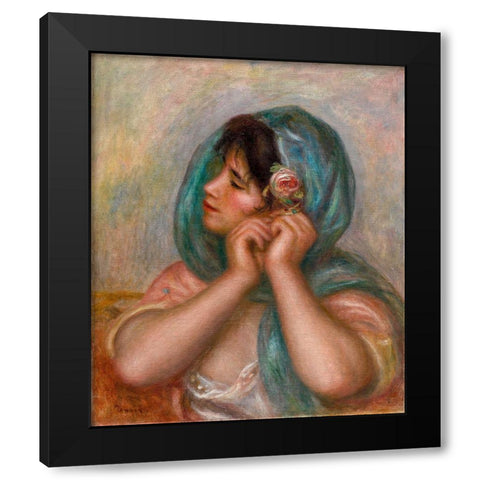 Young Woman Arranging Her Earring Black Modern Wood Framed Art Print by Renoir, Pierre-Auguste