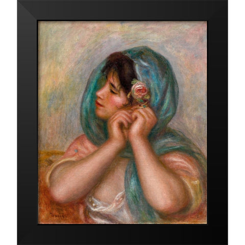 Young Woman Arranging Her Earring Black Modern Wood Framed Art Print by Renoir, Pierre-Auguste