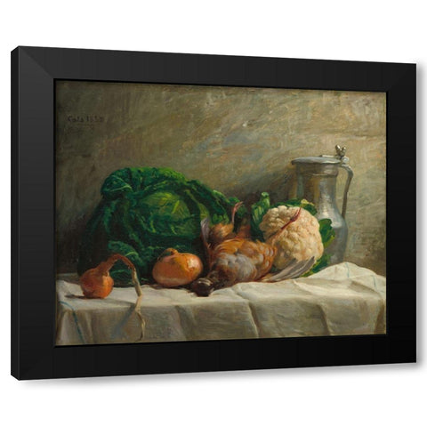 Still Life with Vegetables, Partridge, and a Jug Black Modern Wood Framed Art Print by Cals, Adolphe-Felix