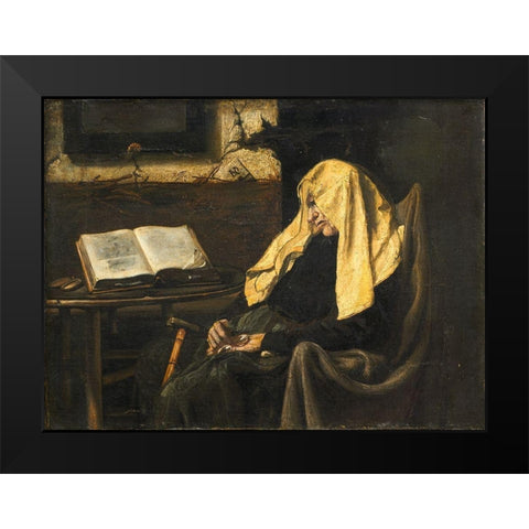 Old Woman Asleep Black Modern Wood Framed Art Print by France 19th Century