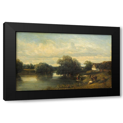 Cottage by the River with Washerwomen Black Modern Wood Framed Art Print with Double Matting by Flers, Camille