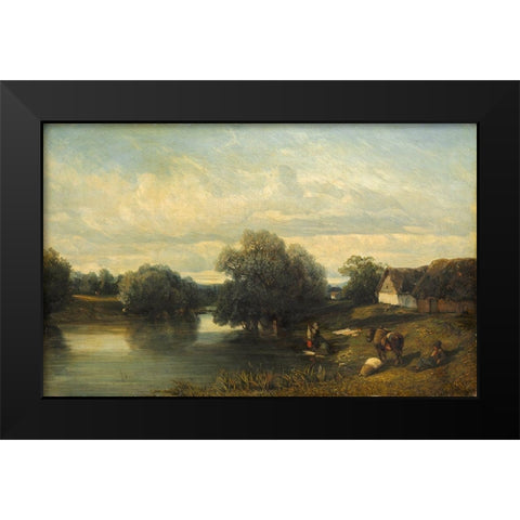 Cottage by the River with Washerwomen Black Modern Wood Framed Art Print by Flers, Camille
