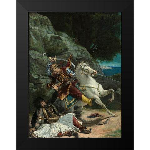 Combat of a Greek and a Turk Black Modern Wood Framed Art Print by Vernet, After Horace