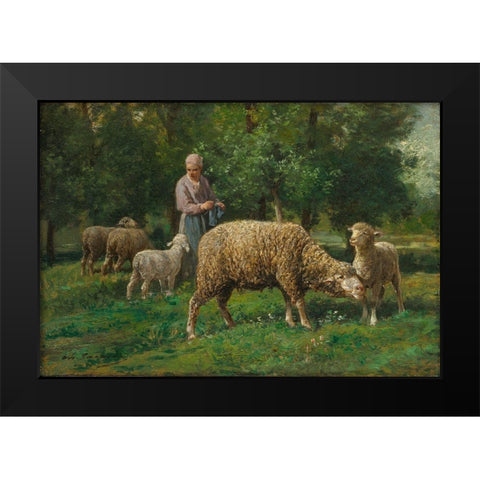 Shepherdess with Sheep Black Modern Wood Framed Art Print by Jacque, Charles-Emile
