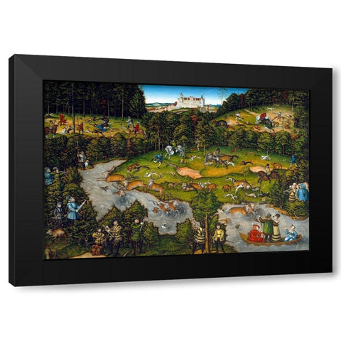 Hunting near Hartenfels Castle Black Modern Wood Framed Art Print with Double Matting by Cranach, Lucas