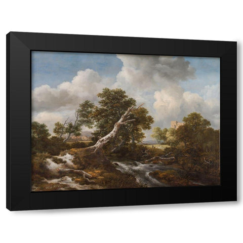 Low Waterfall in a Wooded Landscape with a Dead Beech Tree Black Modern Wood Framed Art Print with Double Matting by Ruisdael, Jacob van