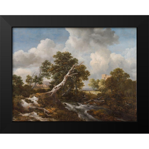 Low Waterfall in a Wooded Landscape with a Dead Beech Tree Black Modern Wood Framed Art Print by Ruisdael, Jacob van