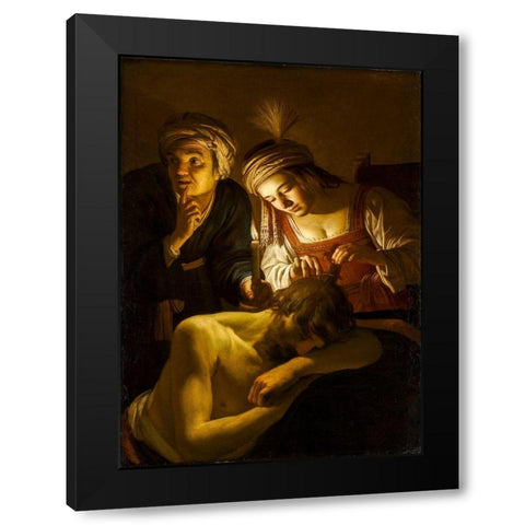 Samson and Delilah Black Modern Wood Framed Art Print with Double Matting by Honthorst, Gerrit van