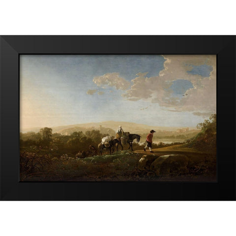 Travelers in Hilly Countryside Black Modern Wood Framed Art Print by Cuyp, Aelbert