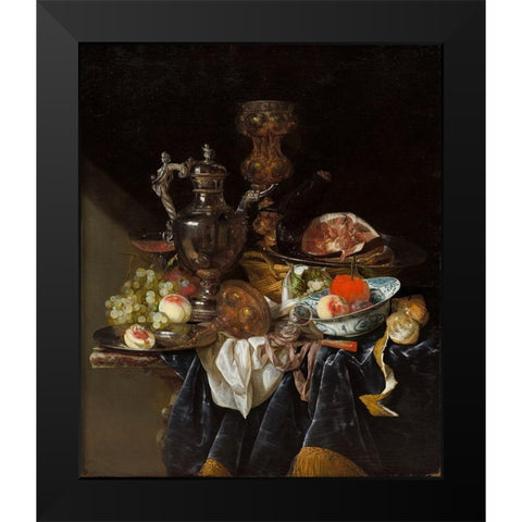 Silver Wine Jug, Ham, and Fruit Black Modern Wood Framed Art Print by Beyeren, Abraham van