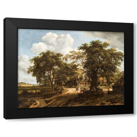 A Cottage in the Woods Black Modern Wood Framed Art Print with Double Matting by Hobbema, Meindert