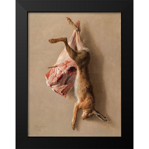 A Hare and a Leg of Lamb Black Modern Wood Framed Art Print by Oudry, Jean-Baptiste