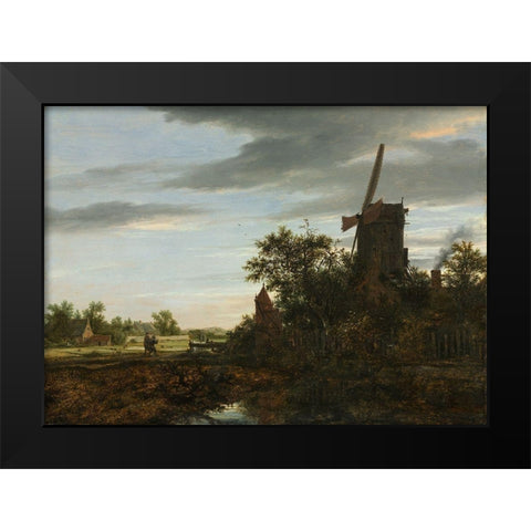 Landscape with a Windmill Black Modern Wood Framed Art Print by Ruisdael, Jacob van