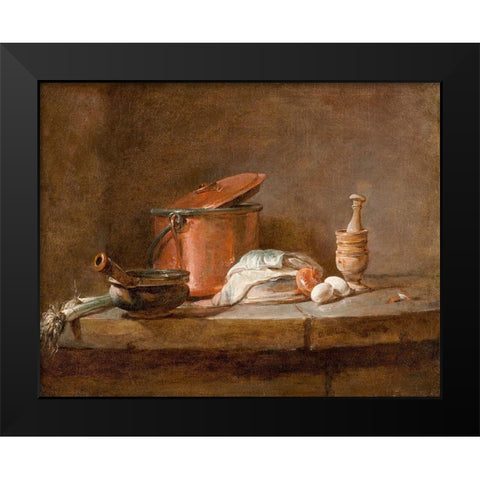 Kitchen Utensils with Leeks, Fish, and Eggs Black Modern Wood Framed Art Print by Chardin, Jean-Simeon