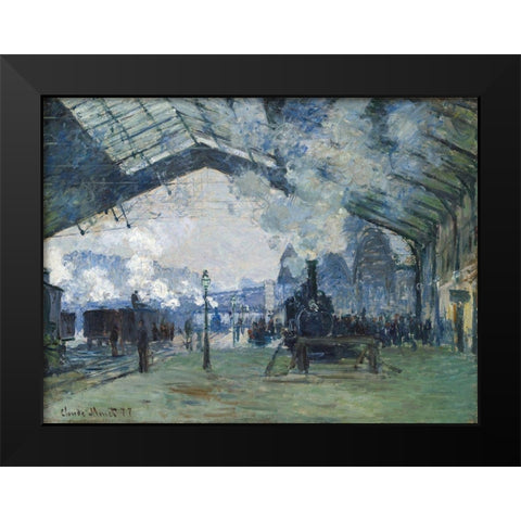 Arrival of the Normandy Train, Gare Saint-Lazare 1877 Black Modern Wood Framed Art Print by Monet, Claude