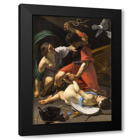 Cupid Chastised 1613 Black Modern Wood Framed Art Print with Double Matting by Manfredi, Bartolomeo
