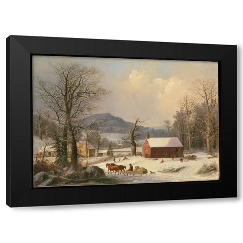 Red School House (Country Scene) 1858 Black Modern Wood Framed Art Print with Double Matting by Durrie, George Henry