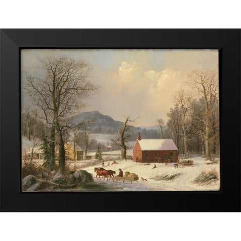 Red School House (Country Scene) 1858 Black Modern Wood Framed Art Print by Durrie, George Henry