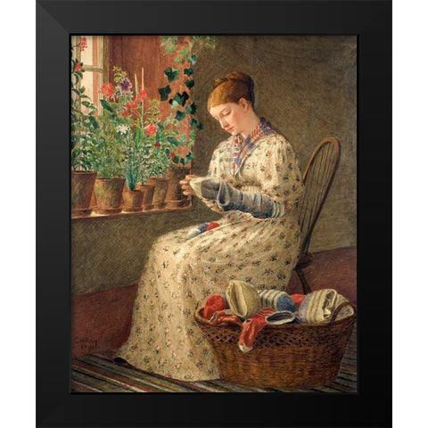 A Months Darning 1876 Black Modern Wood Framed Art Print by Perry, Enoch Wood