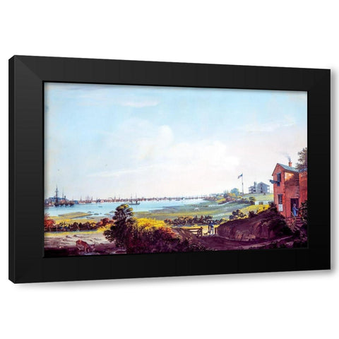 View of the City of New York and the Marine Hospital Taken from Wallabout Black Modern Wood Framed Art Print with Double Matting by Calyo, Nicolino
