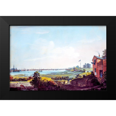 View of the City of New York and the Marine Hospital Taken from Wallabout Black Modern Wood Framed Art Print by Calyo, Nicolino