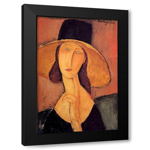 Portrait dune jeune femme au chapeau (Jeanne Hobuterne avec un grand chapeau) Black Modern Wood Framed Art Print by Modigliani, Amedeo