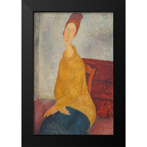 Jeanne Hebuterne en pull-over jaune Black Modern Wood Framed Art Print by Modigliani, Amedeo