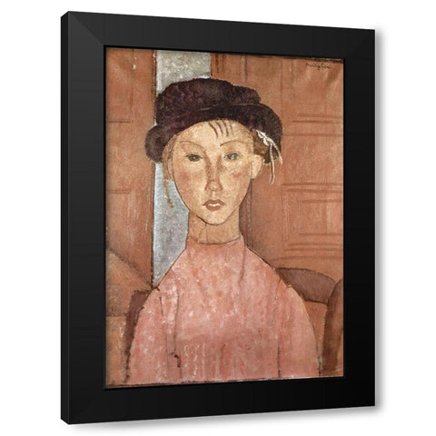 Seated woman with hat Black Modern Wood Framed Art Print with Double Matting by Modigliani, Amedeo
