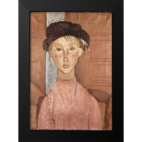 Seated woman with hat Black Modern Wood Framed Art Print by Modigliani, Amedeo