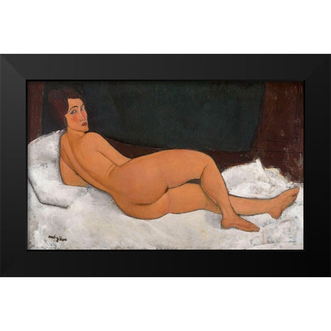 Reclining Nude looking over right shoulder Black Modern Wood Framed Art Print by Modigliani, Amedeo