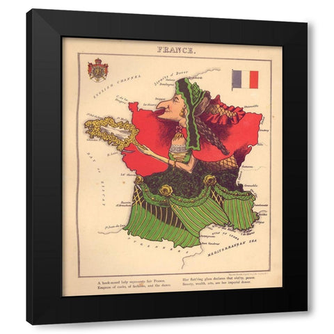 Anthropomorphic Map of France Black Modern Wood Framed Art Print by Vintage Maps