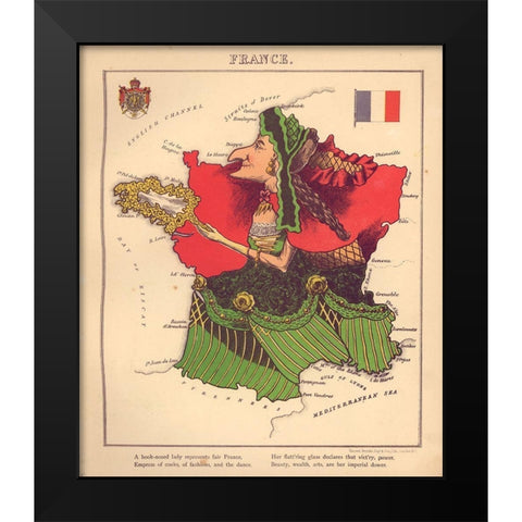 Anthropomorphic Map of France Black Modern Wood Framed Art Print by Vintage Maps