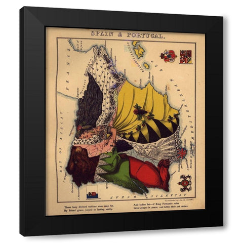 Anthropomorphic Map of Spain and Portugal Black Modern Wood Framed Art Print by Vintage Maps