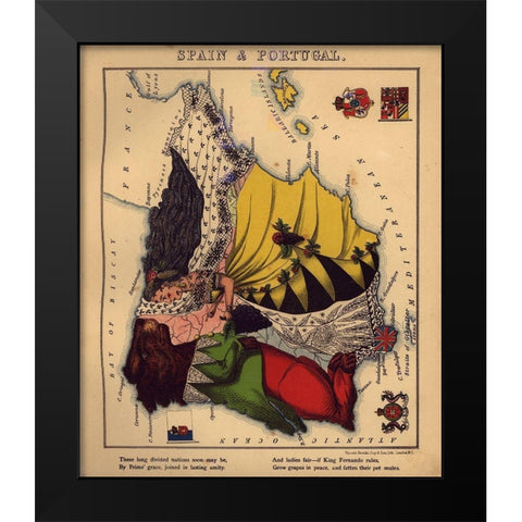 Anthropomorphic Map of Spain and Portugal Black Modern Wood Framed Art Print by Vintage Maps