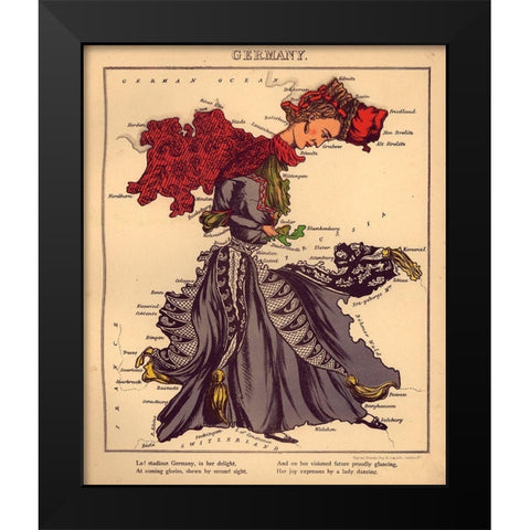 Anthropomorphic Map of Germany Black Modern Wood Framed Art Print by Vintage Maps