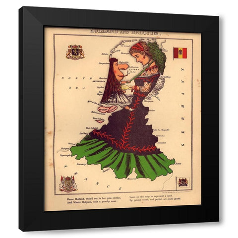 Anthropomorphic Map of Holland and Belgium Black Modern Wood Framed Art Print by Vintage Maps