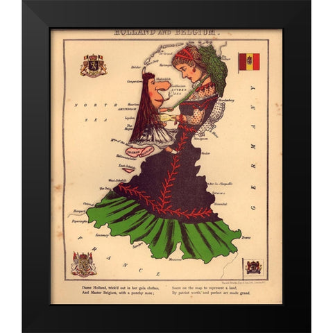 Anthropomorphic Map of Holland and Belgium Black Modern Wood Framed Art Print by Vintage Maps