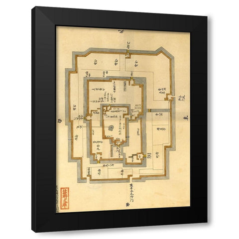 Japanese Castle Plan Black Modern Wood Framed Art Print by Vintage Maps