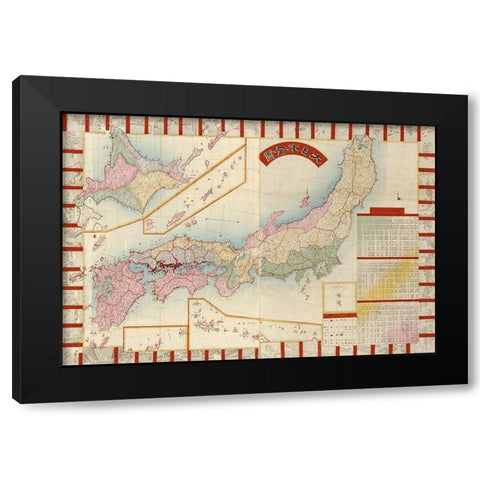 Japan with Points of Interest and table of Counties Black Modern Wood Framed Art Print by Vintage Maps