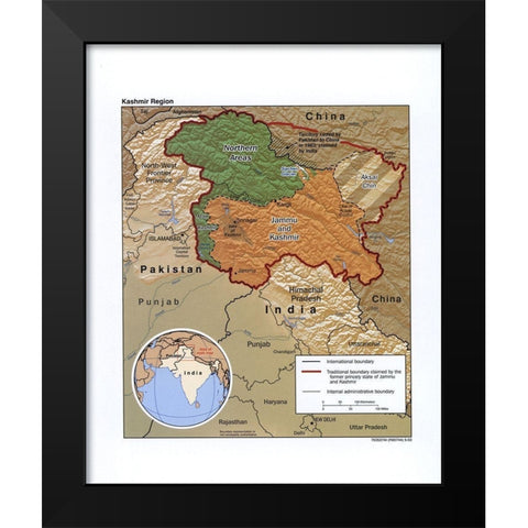 Kashmir-India Black Modern Wood Framed Art Print by Vintage Maps