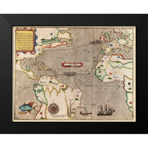 Sir Francis Drake in Santa Domingo 1589 Black Modern Wood Framed Art Print by Vintage Maps