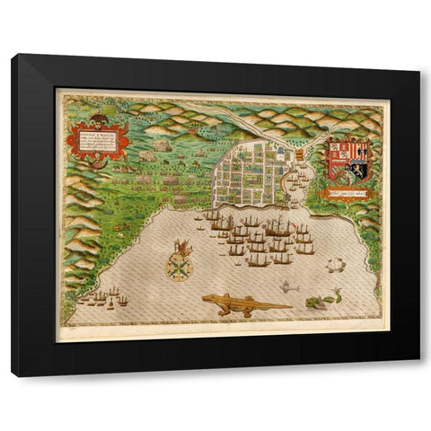 Voyages of Sir Francis Drake 1589 Black Modern Wood Framed Art Print by Vintage Maps