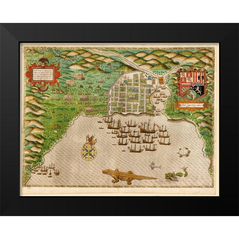 Voyages of Sir Francis Drake 1589 Black Modern Wood Framed Art Print by Vintage Maps