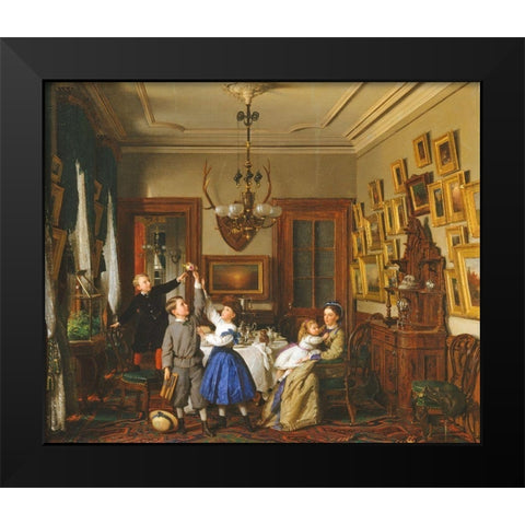 The Contest for the Bouquet: The Family of Robert Gordon in Their New York Dining-Room Black Modern Wood Framed Art Print by Guy, Seymour Joseph
