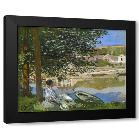 On the Bank of the Seine, Bennecourt Black Modern Wood Framed Art Print with Double Matting by Monet, Claude