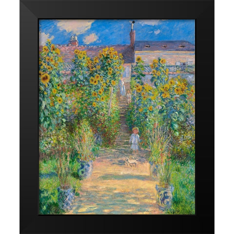Garden of the artist at Vetheuil Black Modern Wood Framed Art Print by Monet, Claude