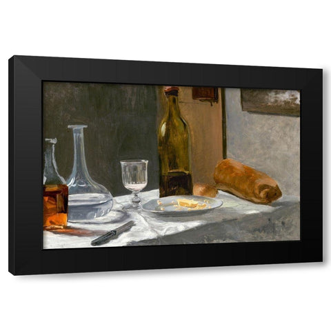 Still Life with Bottle, Carafe, Bread, and Wine Black Modern Wood Framed Art Print by Monet, Claude