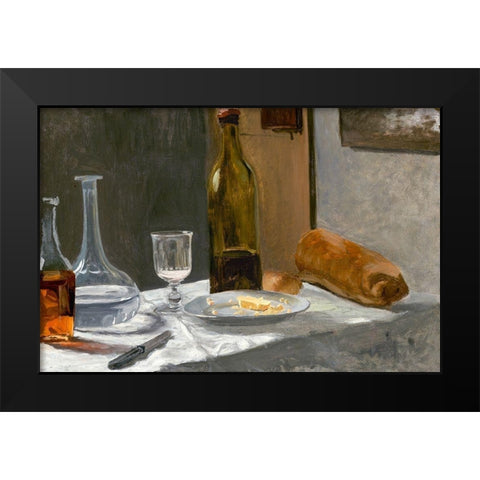 Still Life with Bottle, Carafe, Bread, and Wine Black Modern Wood Framed Art Print by Monet, Claude