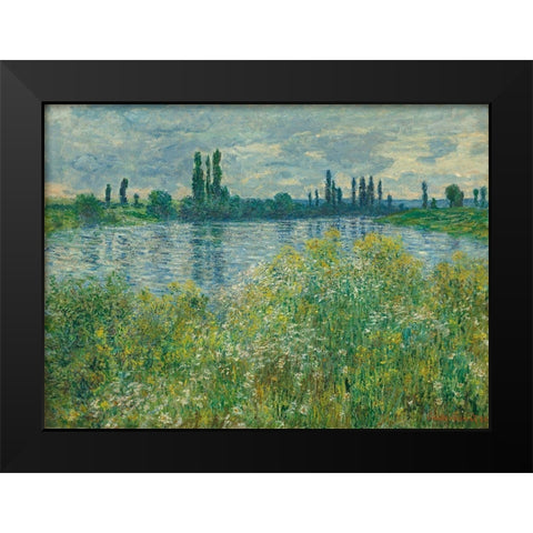 Banks of the Seine, Vetheuil Black Modern Wood Framed Art Print by Monet, Claude