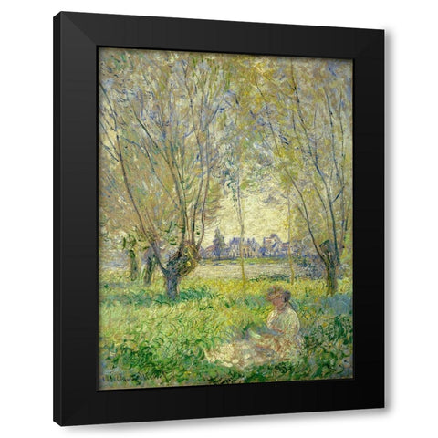 Woman Seated under the Willows Black Modern Wood Framed Art Print with Double Matting by Monet, Claude